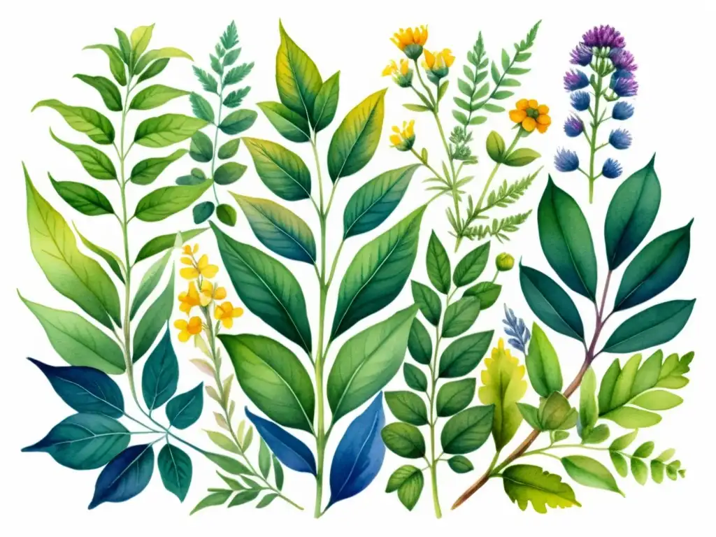 Una ilustración acuarela vibrante de plantas medicinales en un exuberante jardín