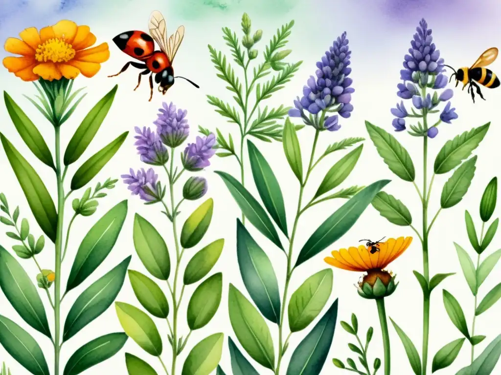 Un jardín vibrante de plantas medicinales y insectos amigables, ilustrado en acuarela, mostrando una armoniosa conexión natural