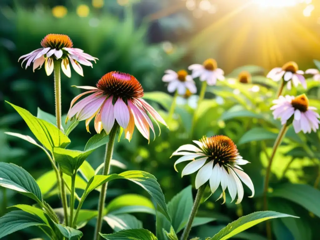 Vibrante jardín botánico con plantas medicinales, como echinacea, ginseng y lavanda, resplandeciendo en la suave luz dorada