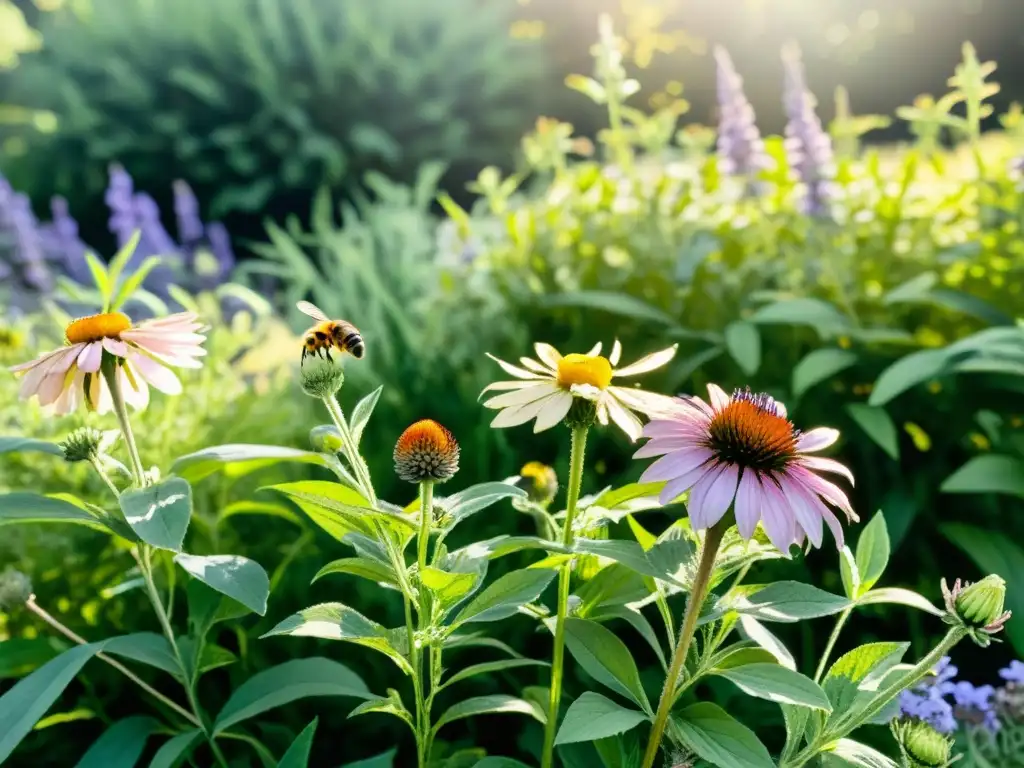 Un jardín vibrante de plantas medicinales sostenible: lavanda, equinácea, manzanilla y romero