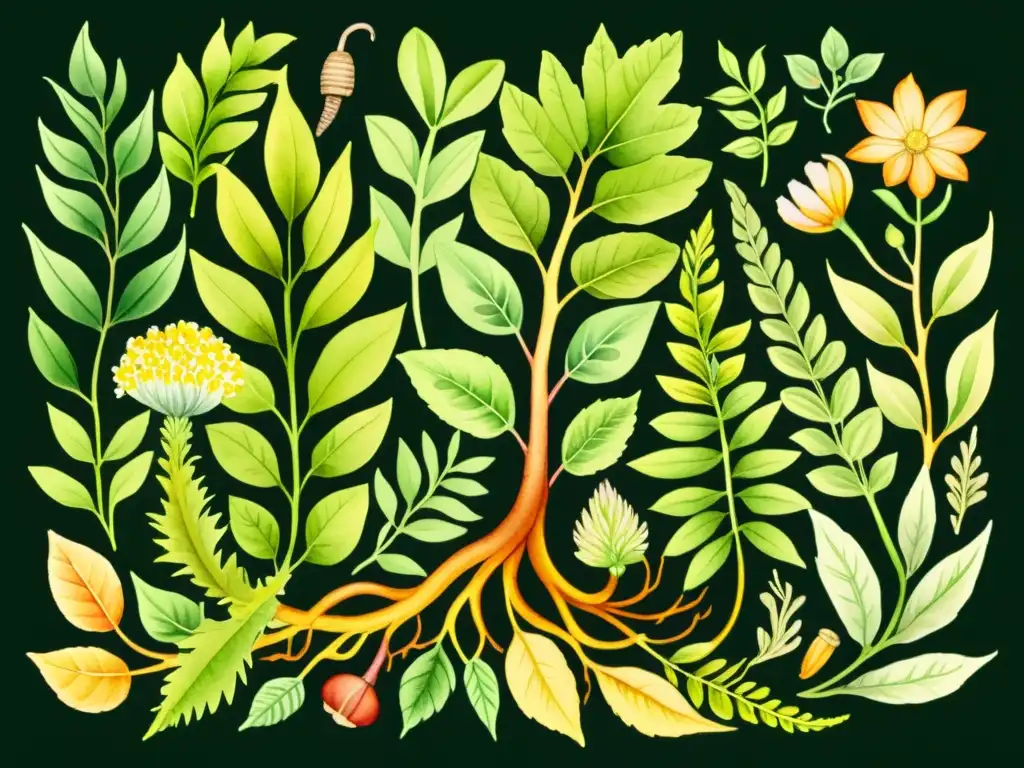 Una ilustración vibrante de plantas medicinales en un suelo fértil, para mejorar suelo jardín plantas medicinales