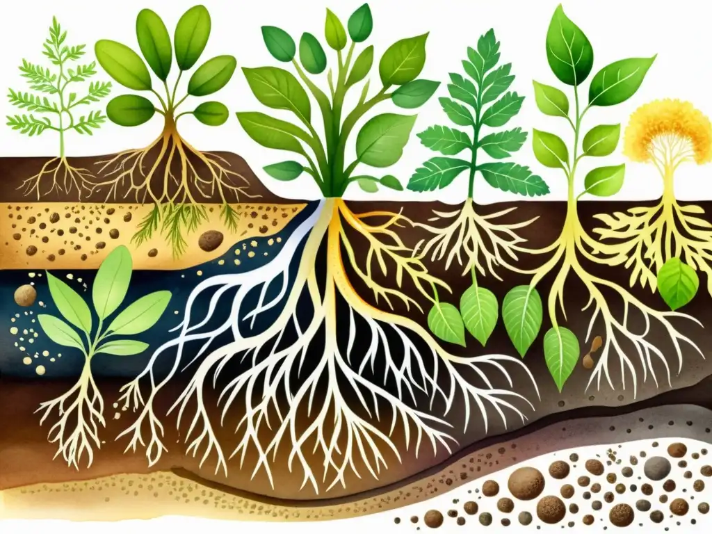 Vibrante ilustración de raíces de planta y microbiota del suelo en sinergia, exudando vitalidad y conexión en fitoterapia