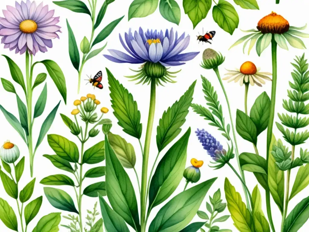Una ilustración acuarela vibrante de una selección diversa de hierbas medicinales que florecen en un exuberante jardín de permacultura
