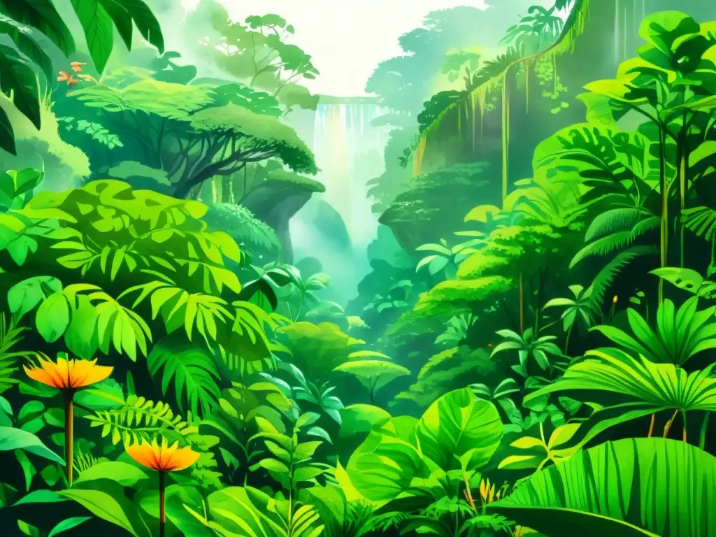 Vibrante ilustración de una selva con fitofármacos, cultivos celulares y un ecosistema exuberante