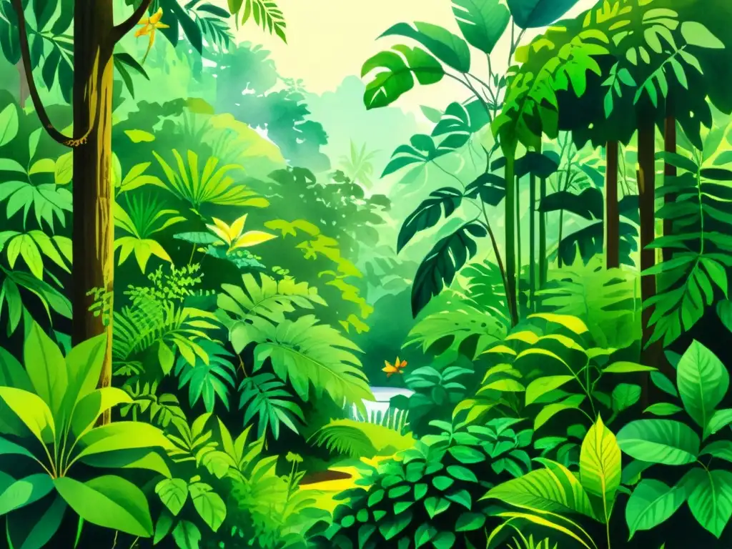 Vibrante ilustración de la selva lluviosa con plantas medicinales para mejorar cognición, detallada en acuarela