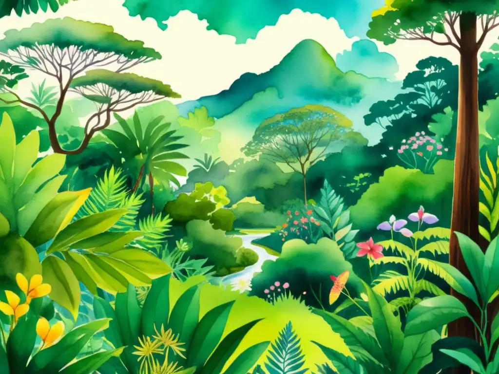 Vibrante ilustración acuarela de la selva con plantas medicinales, reflejando la biodiversidad y la ética en apropiación conocimientos indígenas