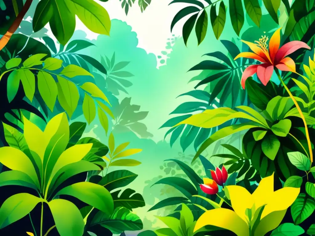 Vibrante ilustración de una selva tropical con nuevas especies de plantas medicinales por descubrir, repleta de vida y misterio