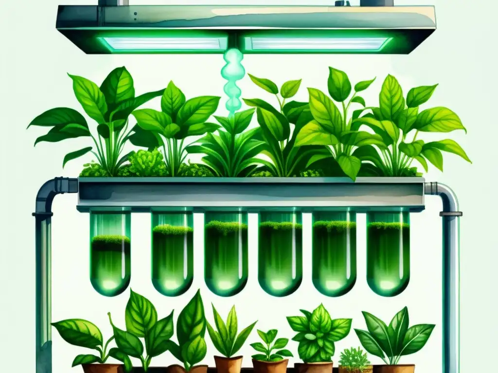 Vibrante ilustración acuarela de sistema hidropónico con preparación nutrientes caseros hidroponía, resaltando la vitalidad de las plantas