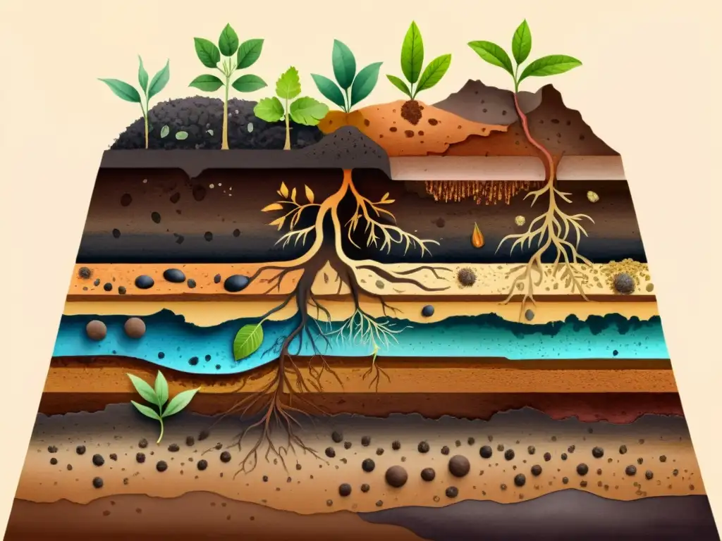 Vibrante ilustración de suelo fértil con capas de tierra, raíces de plantas medicinales y microorganismos beneficiosos, ideal para mejorar suelo jardín plantas medicinales