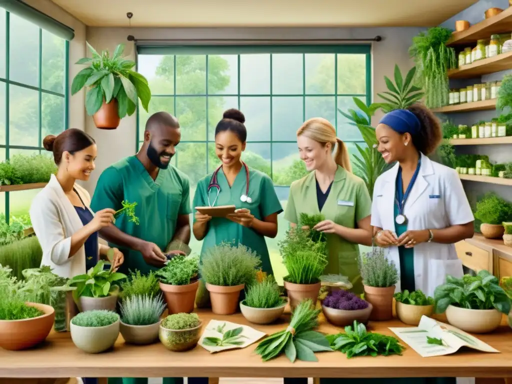 Un vibrante taller de herbolaria aplicada para profesionales de la salud, rodeados de plantas medicinales