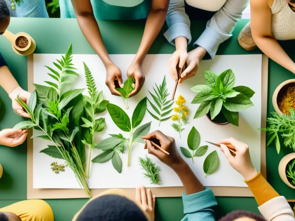 Un vibrante taller educativo de medicina herbal donde personas diversas aprenden sobre la creación botiquín herbal casero, rodeados de plantas y colores