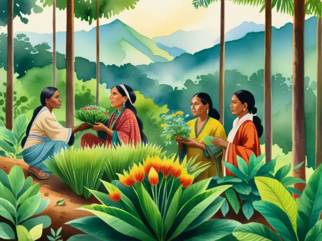 Vibrante ilustración acuarela de tribu indígena recolectando plantas medicinales en la selva