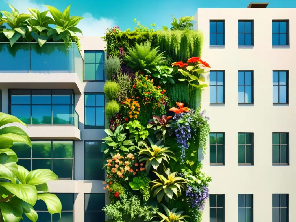 Vibrante jardín vertical para espacios reducidos en ilustración de acuarela, con exuberante vegetación y flores coloridas