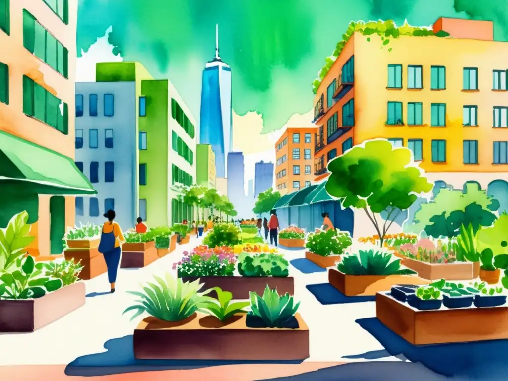 Vibrante ilustración de la vida urbana con plantas medicinales urbanas en un entorno natural y armonioso