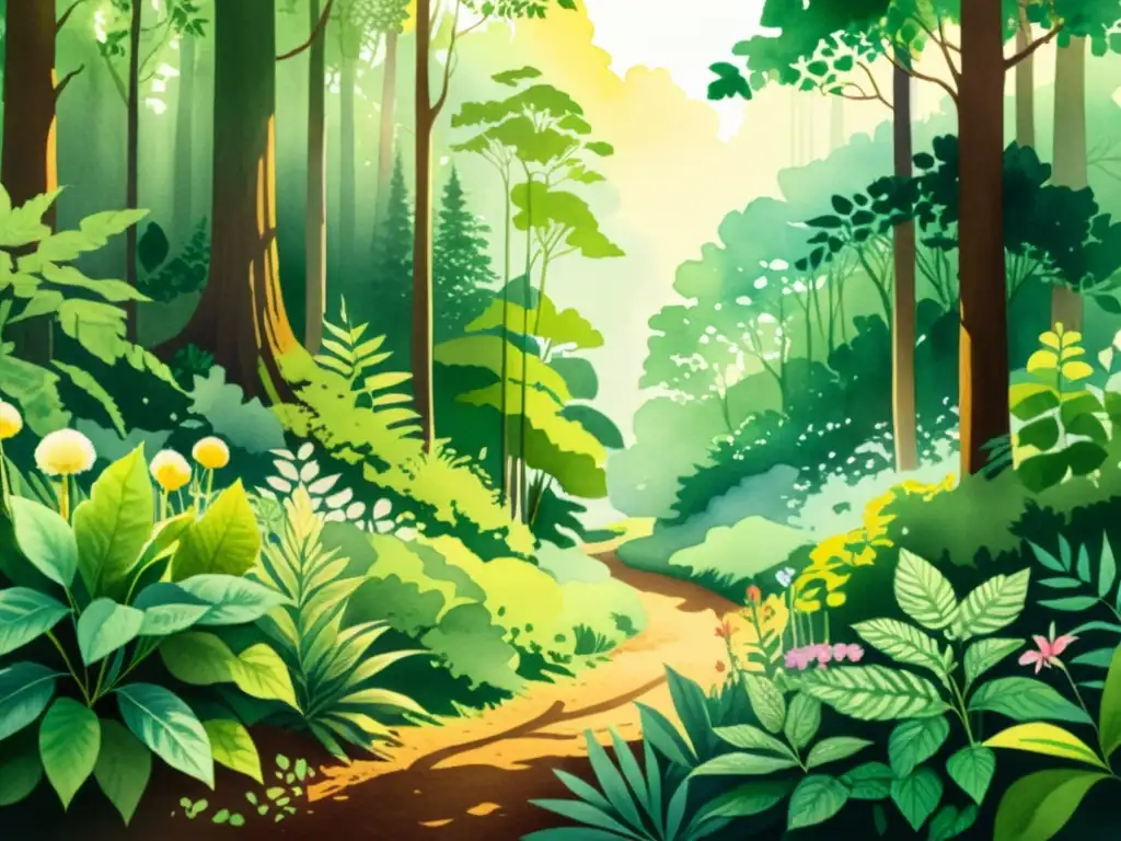 Exploración virtual de ecosistemas de plantas medicinales: detallada ilustración acuarela de un exuberante bosque lleno de plantas medicinales