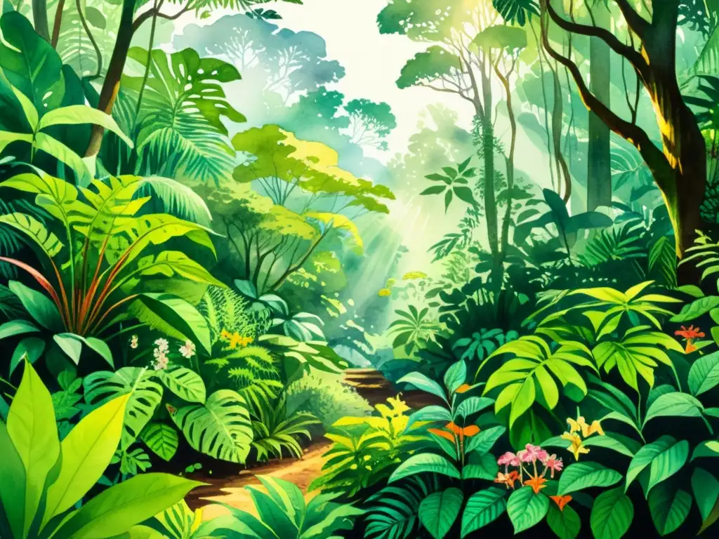 Exploración virtual de ecosistemas de plantas medicinales en una exuberante selva tropical, con detalles precisos y colores vibrantes