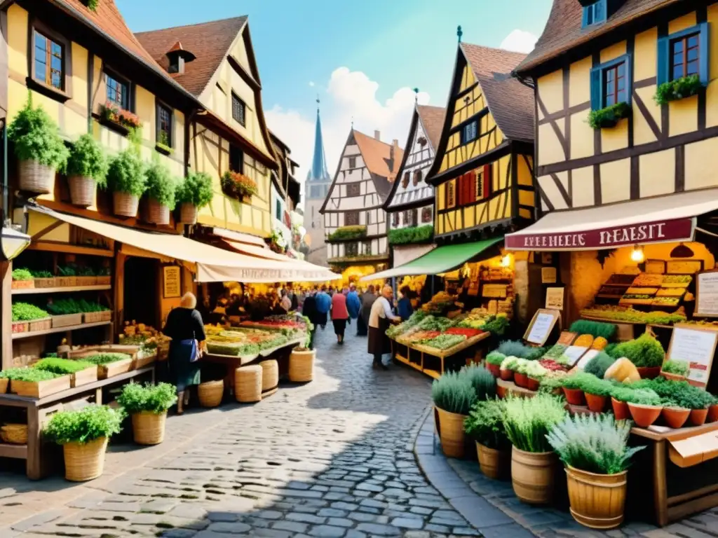 Vista de un bullicioso mercado medieval europeo con vendedores de hierbas aromáticas y plantas medicinales, evocando la herbolaría medieval en Europa