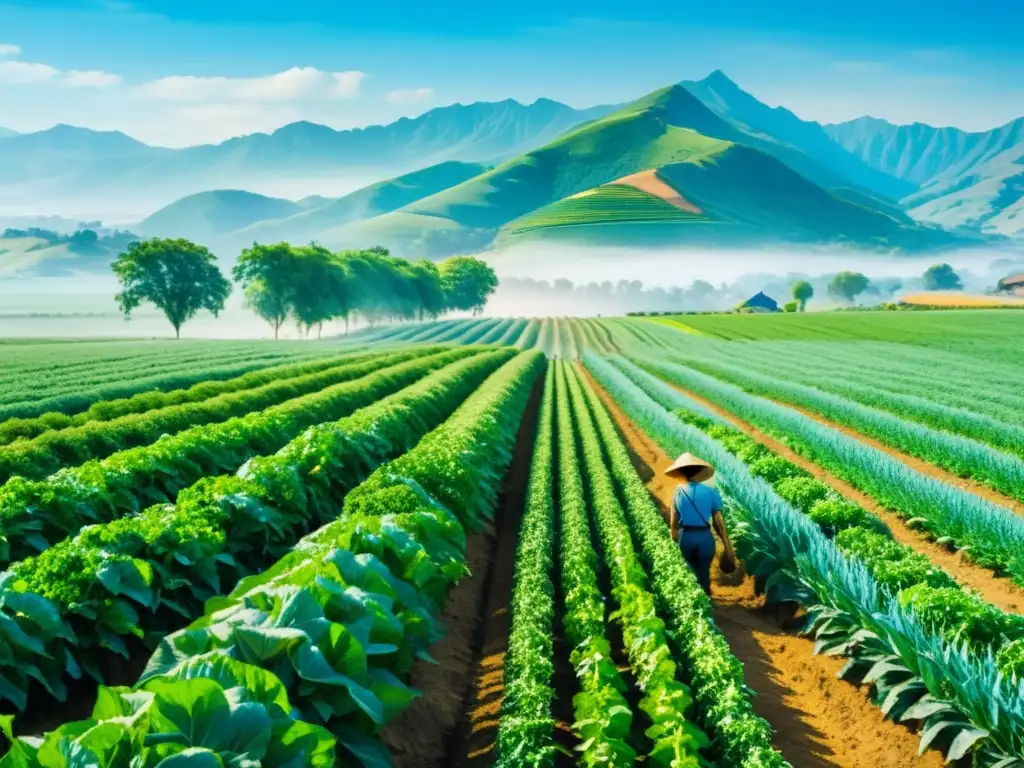 Vista de un campo agrícola exuberante con cultivos verdes bajo un cielo azul, donde agricultores realizan control de plagas en cultivos