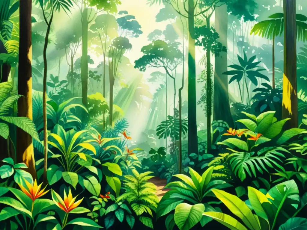 Vista detallada de una exuberante selva tropical, con personas preservando el conocimiento tradicional en etnobotánica