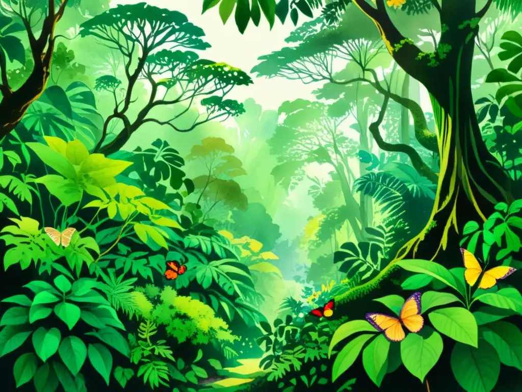 Vista impresionante de la selva tropical con diversa vida vegetal, mariposas y luz solar filtrada