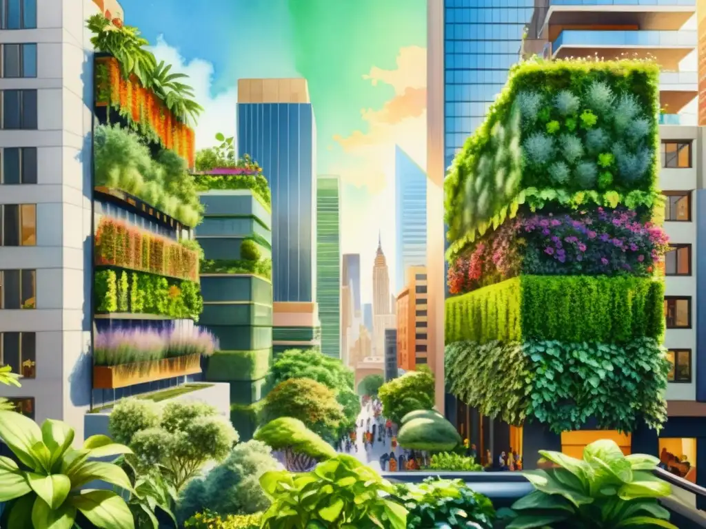 Vista urbana con jardines verticales exuberantes, destacando la armonía entre naturaleza y desarrollo urbano