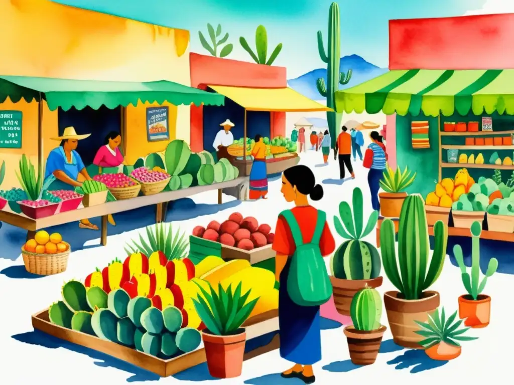 Vista vibrante de un mercado Mexica con vendedores de nopal